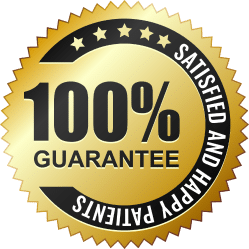 Gold seal graphic with the text "100% Guarantee" and "Satisfied and Happy Patients," surrounded by five stars.
