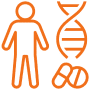 An abstract orange icon featuring a stylized geometric shape of a human and a DNA strand, creating a modern and vibrant visual effect.